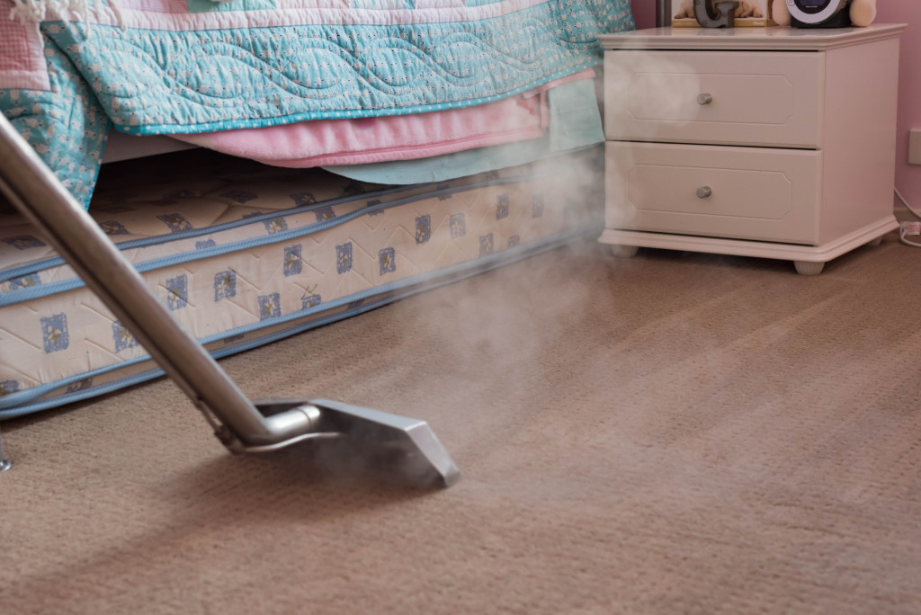 woman steaming the carpet